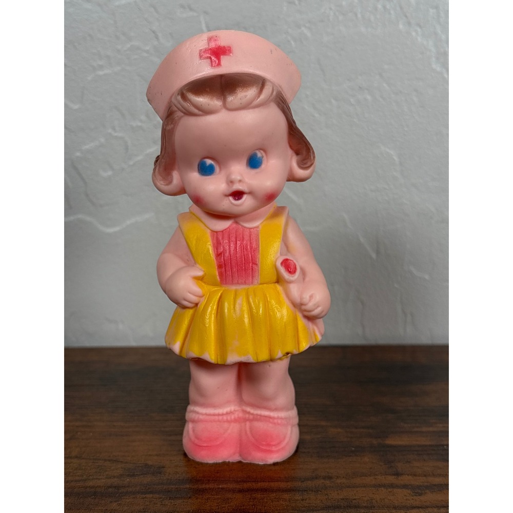 Vintage 1951 Sun Rubber Co Nurse Girl‎ Squeeze Toy Pink Yellow Mid Century MCM